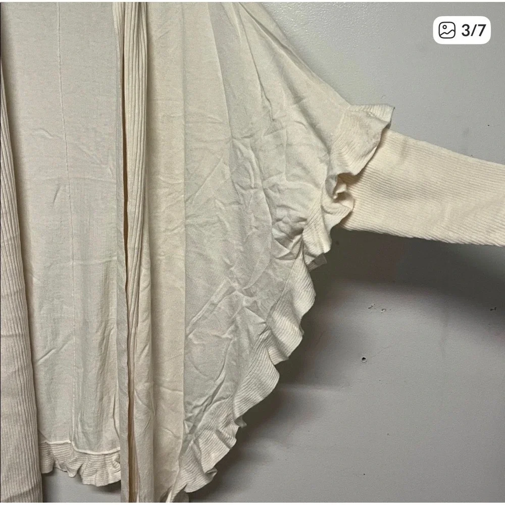 Colleen Lopez Womens Cream Ruffle Open Front Cardigan Ribbed Knit Sweater Ivory